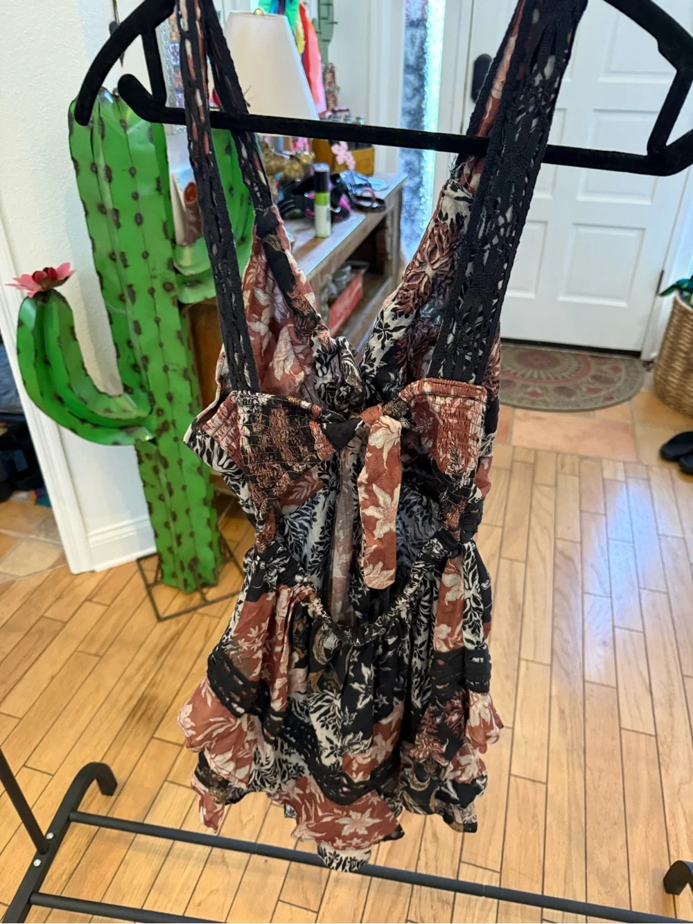 Free people Floral Patchwork Tie-Front Mini romper in Dusty Rose and Black